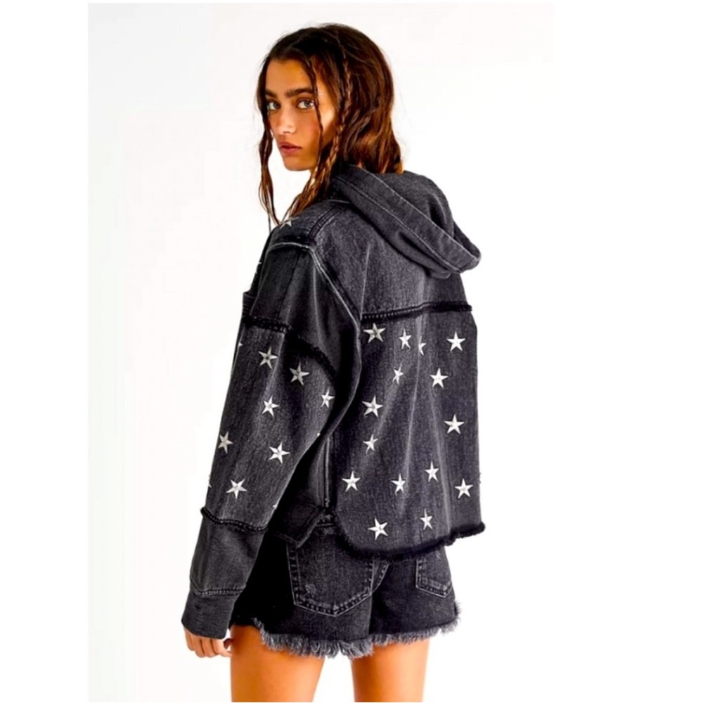 Free People Beyond The Stars Top Hooded Embroidered Distressed Shirt Jacket